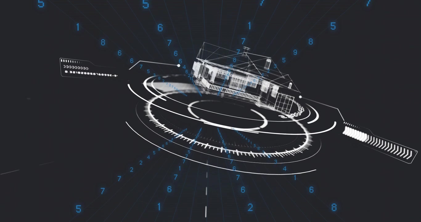 Digital Wireframe House Model Rotating in Futuristic HUD Interface