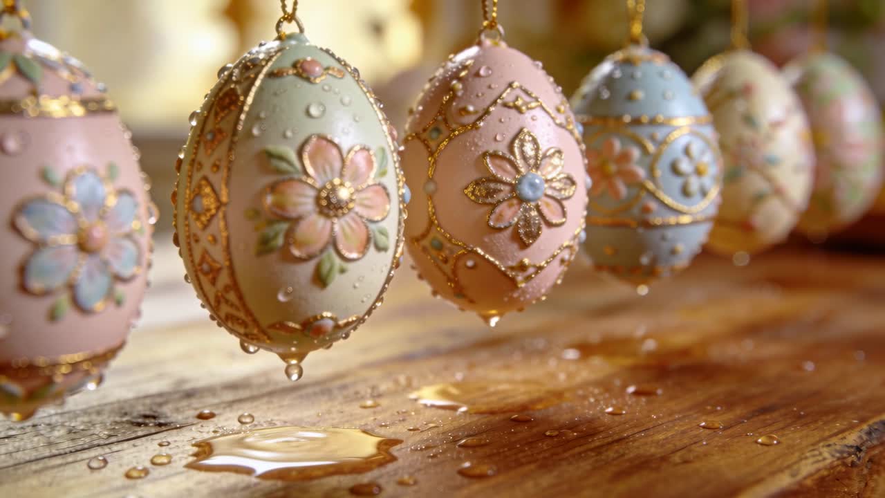 Swaying painted hanging eggs shedding droplets into wood puddle, making ripples, glinting gold trim