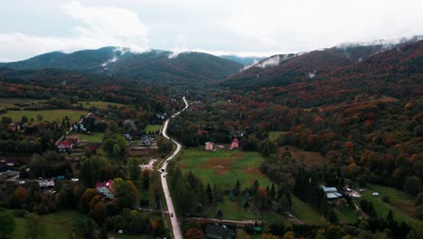 Colorful-Bieszczady-mountains-in-autumn,-aerial-view