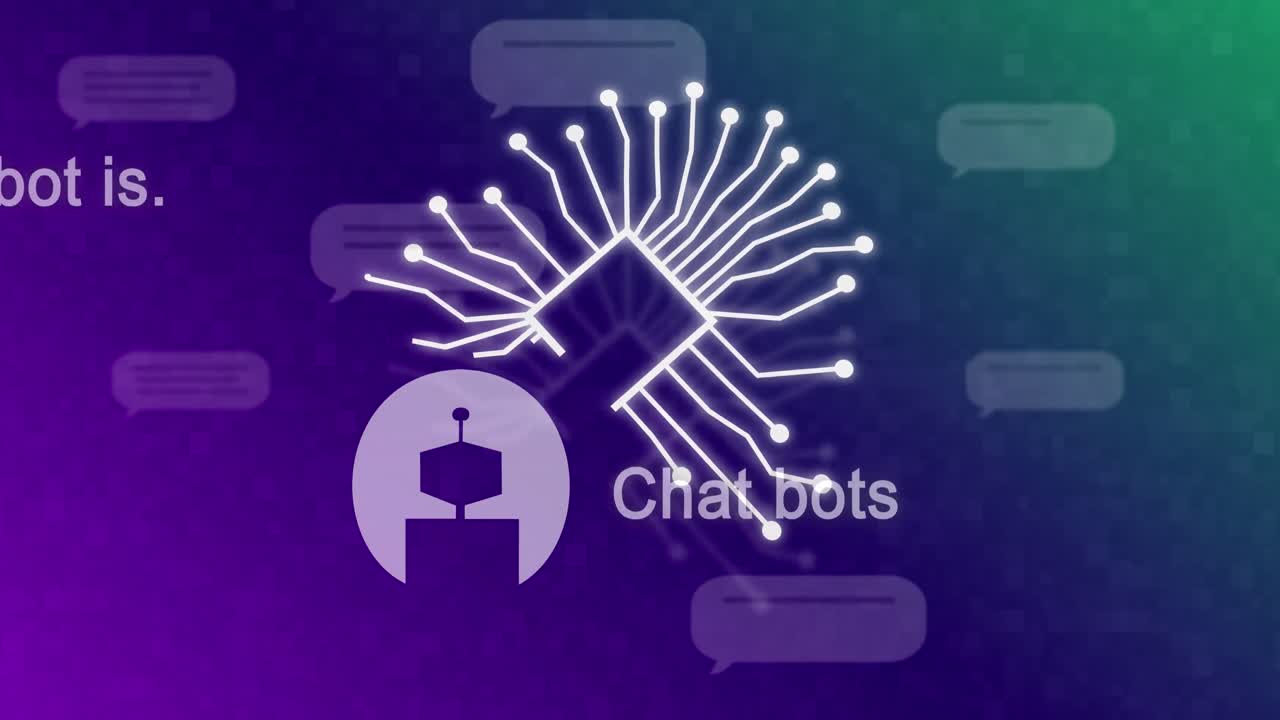 animación de chat y procesamiento de datos sobre fondo púrpura