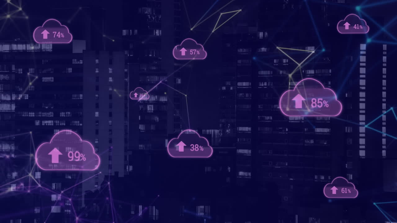 Animation of network of connections with icons over cityscape