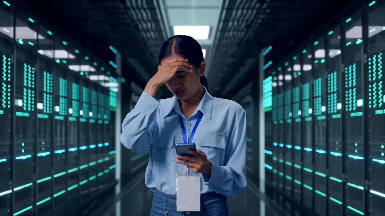 Asian Female With Her Smarphone In Server Room Data Center, She Is Nodding Her Shead With Dissapionted