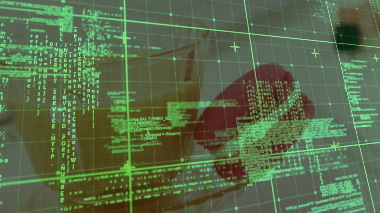 On code columns sliding, green grid reclustering, revealing lower face and red object for analysis