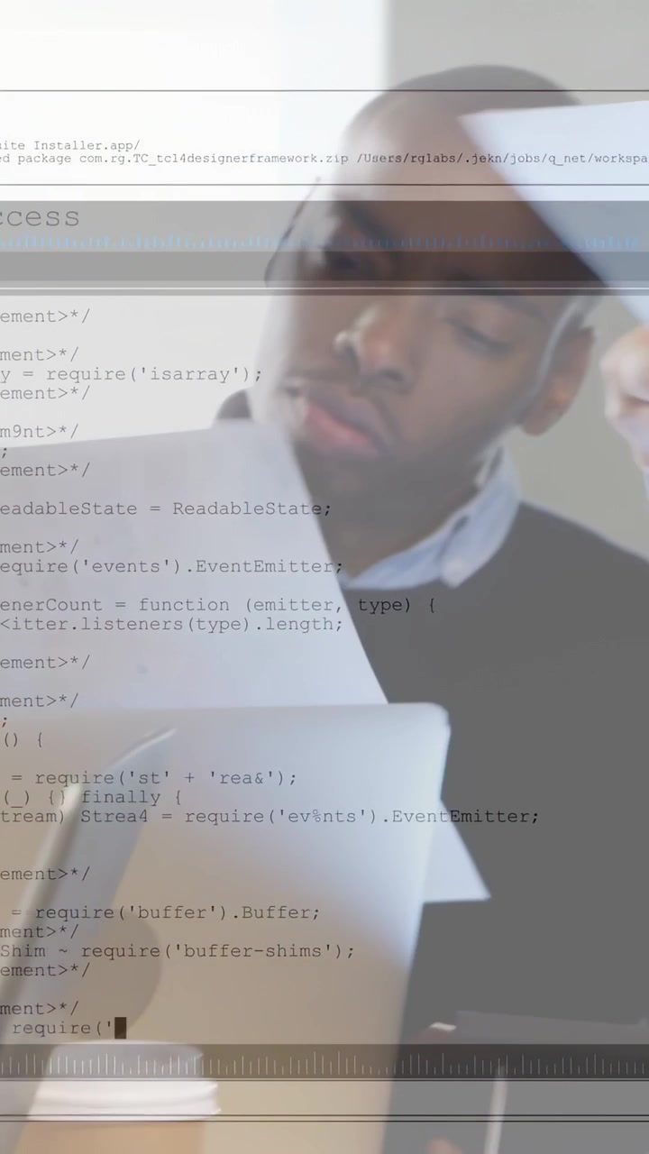 Vertical video: Man in pink blazer tapping phone and leading team reviewing biz docs, code overlay