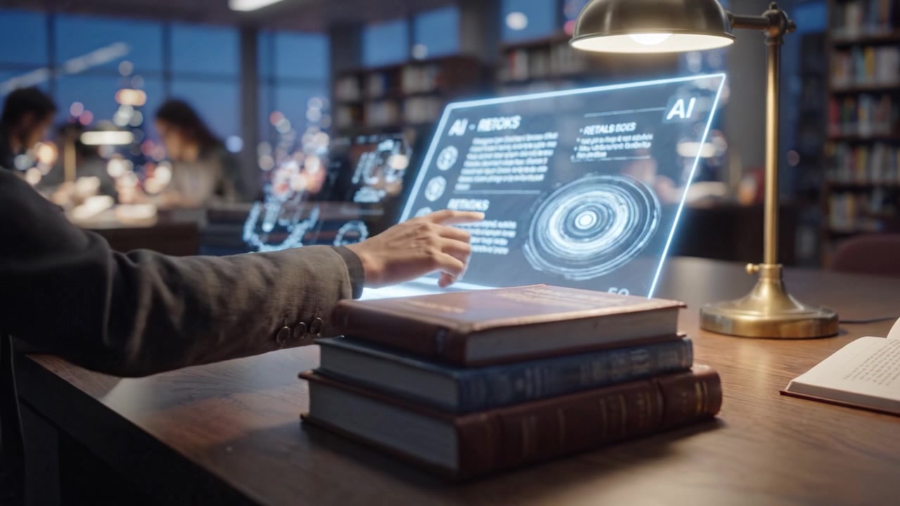 A modern library scene showcasing students engaged in studying and utilizing advanced digital interfaces for research with a backdrop of a city skyline at night.