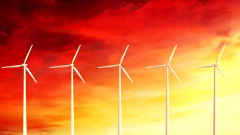 working wind turbines against the evening sky with alpha channel. loopable digital 3d animation.
