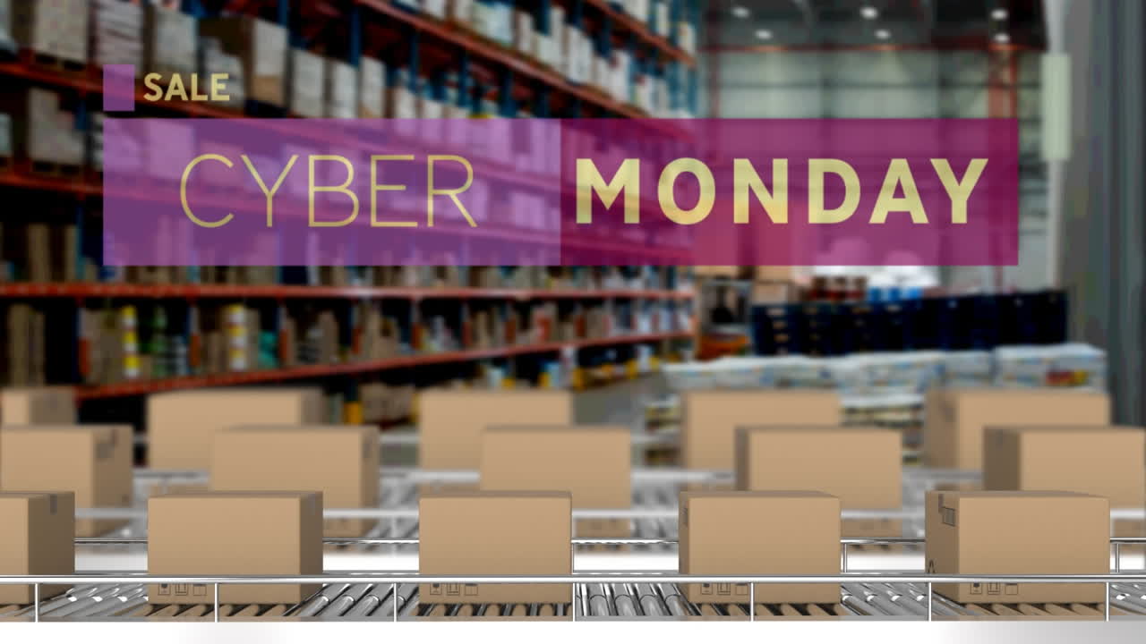 창고의 컨베이어 벨트에 있는 카드보드 상자 위의 사이버 월요일 텍스트의 애니메이션