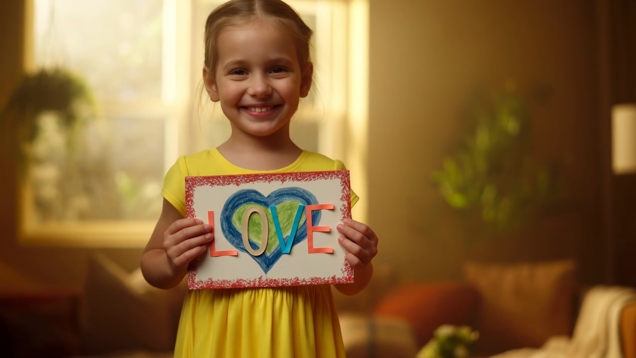 Caucasian Girl Holding Love Sign In Yellow Dress, Golden Backlight Through Window, Glittered Poster Edge
