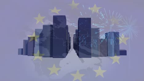 Animación-De-La-Bandera-De-La-Unión-Europea,-Sobre-Fuegos-Artificiales-Y-Modernos-Edificios-De-Gran-Altura