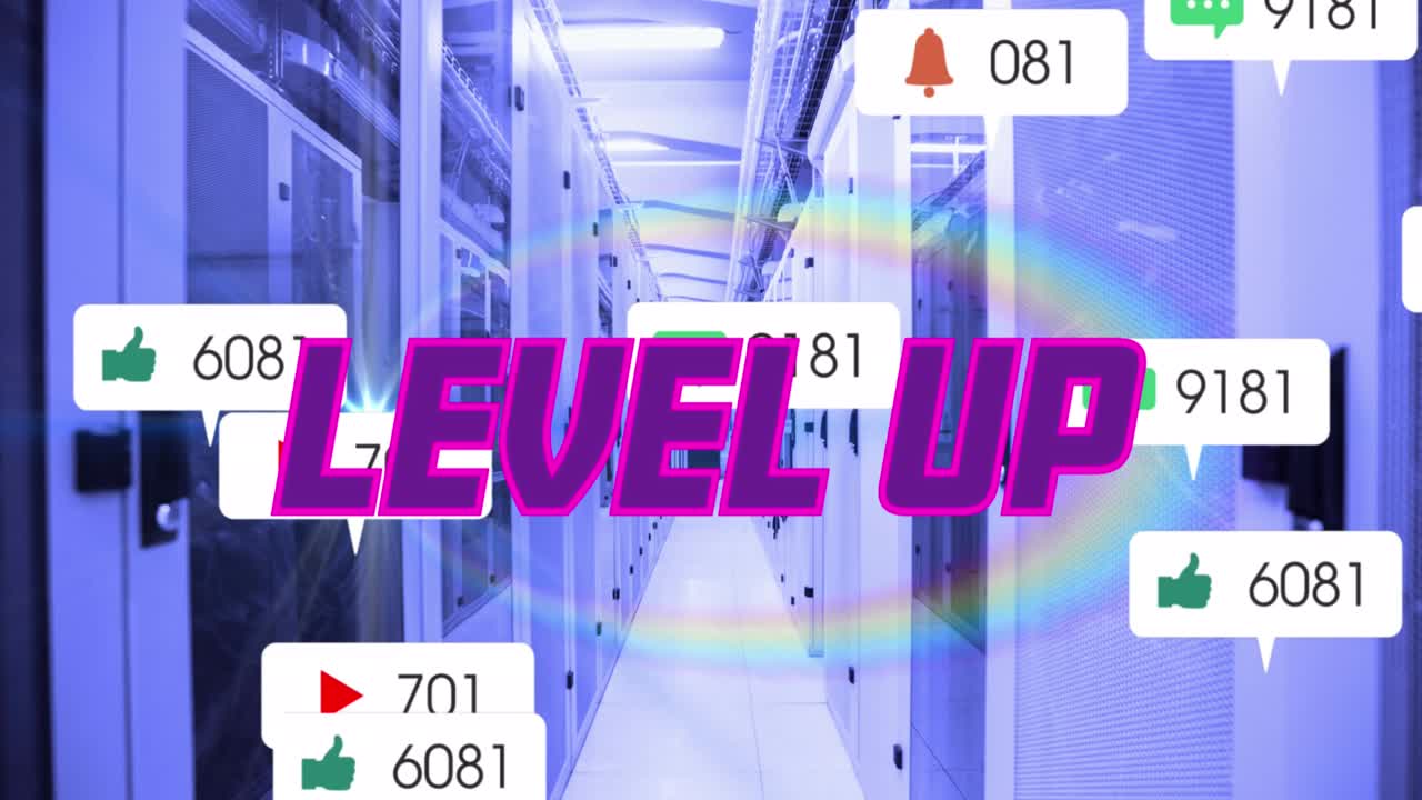 보라색 텍스트 레벨 업, 소셜 미디어 알림 및 컴퓨터 서버  ⁇ 의 무지개 애니메이션