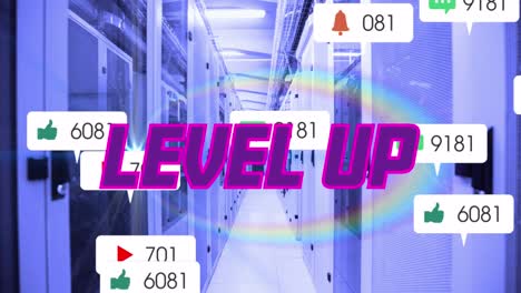animation of purple text level up, social media notifications and rainbow over computer server room