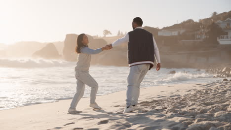 love, dance and couple at a beach for travel