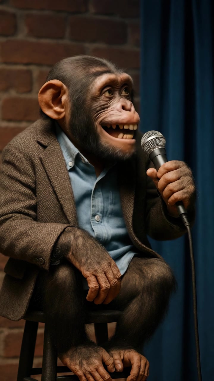 Chimpanse i jakkesæt optræder med stand-up comedy på scenen