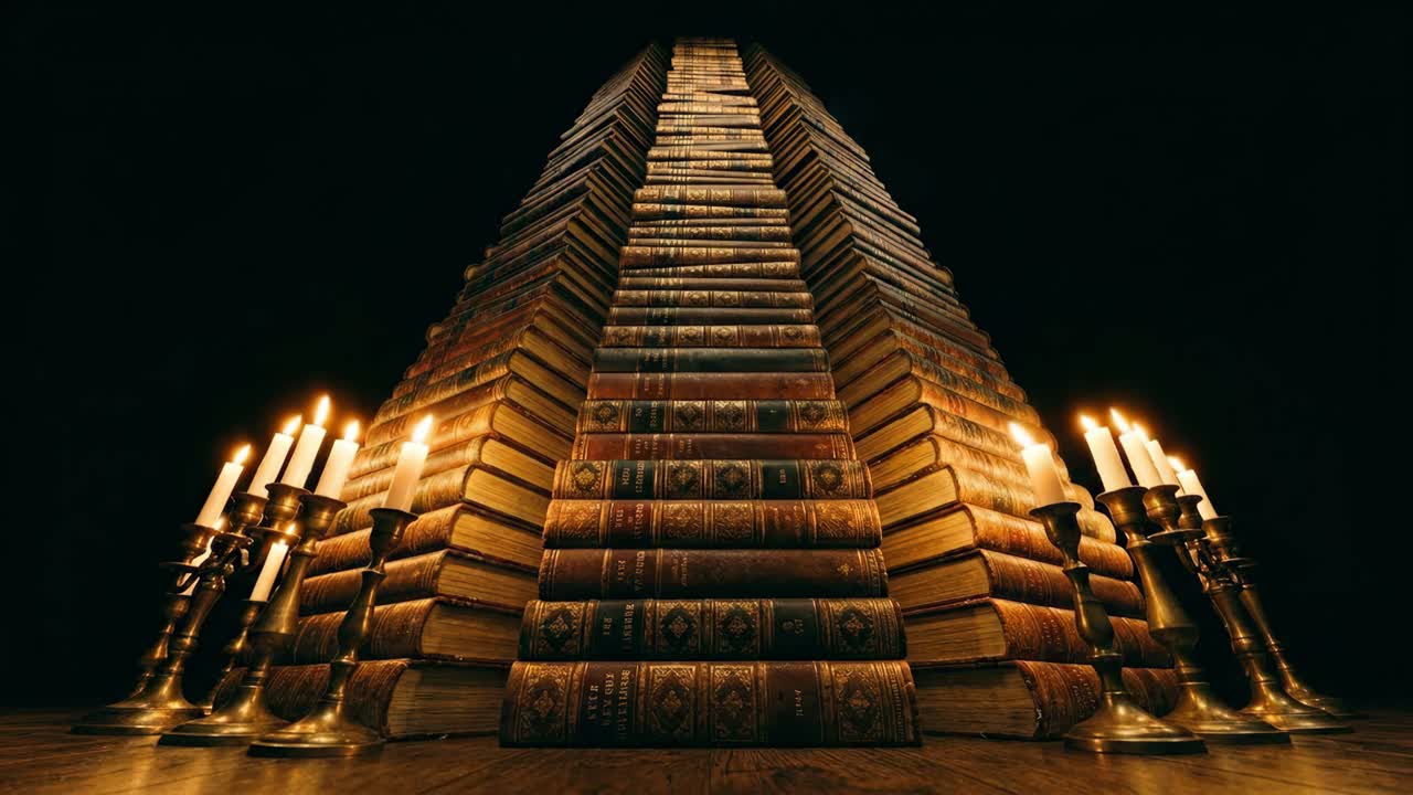 Suggestiva piramide di libri vintage illuminata da candele