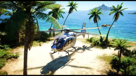 aerial escape: helicopter landing on tropical beach surrounded by lush palm trees and crystal-clear water, perfect for a sunny vacation adventure