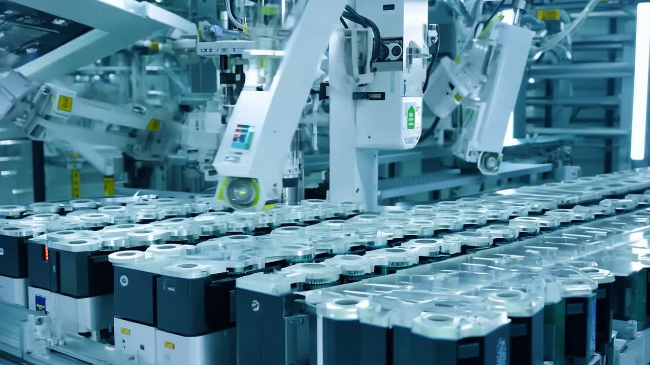 Industrial Robot Arm Assembling Products on a Conveyor Belt