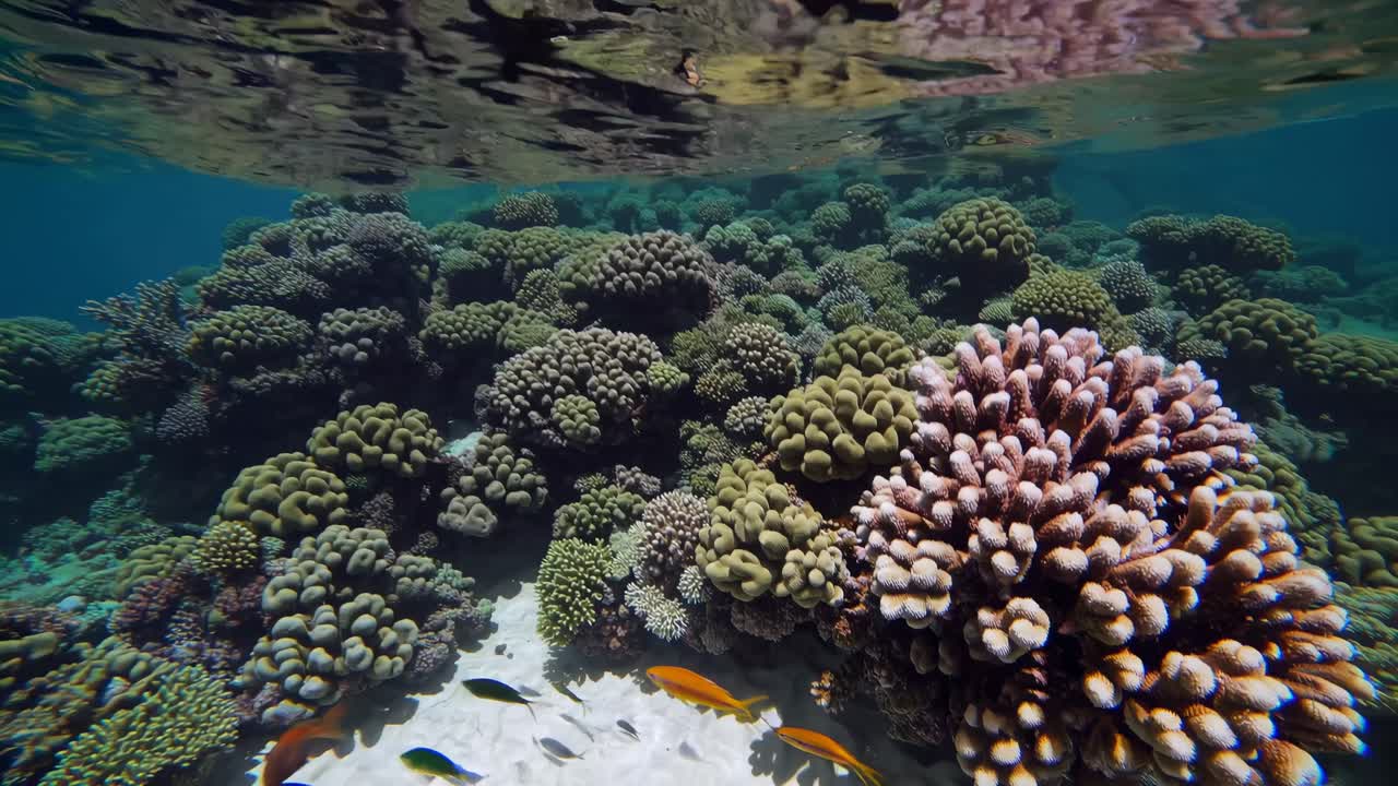 Spiaggia tropicale panoramica con acqua cristallina e barriera corallina sottomarina