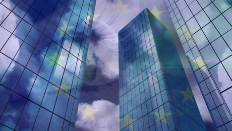 animation of european union flag over office buildings