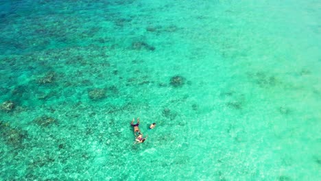 family enjoying swimming on crystal clear water of turquoise shallow lagoon with beautiful rocks on seabed in caribbean, copy space