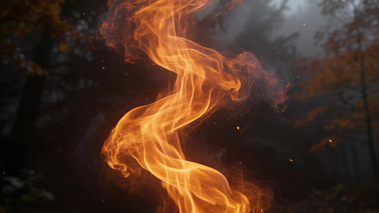 Colonna di fuoco a forma di nastro che si innalza e si avvolge verso l'alto in una foresta nebbiosa, spargendo braci incandescenti.