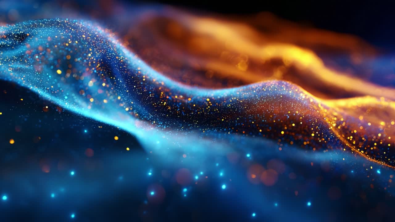 A Stunning Display of Colorful Waves Featuring a Mesmerizing Blend of Blue and Orange Light, Enhanced by Twinkling Particles, Creating an Enchanting Visual Experience