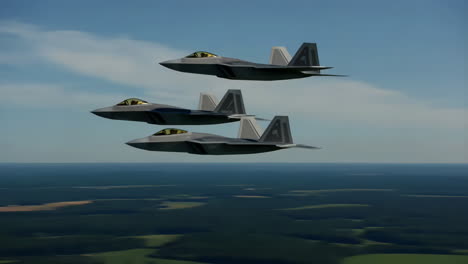 three f-22 raptor fighter jets flying in formation