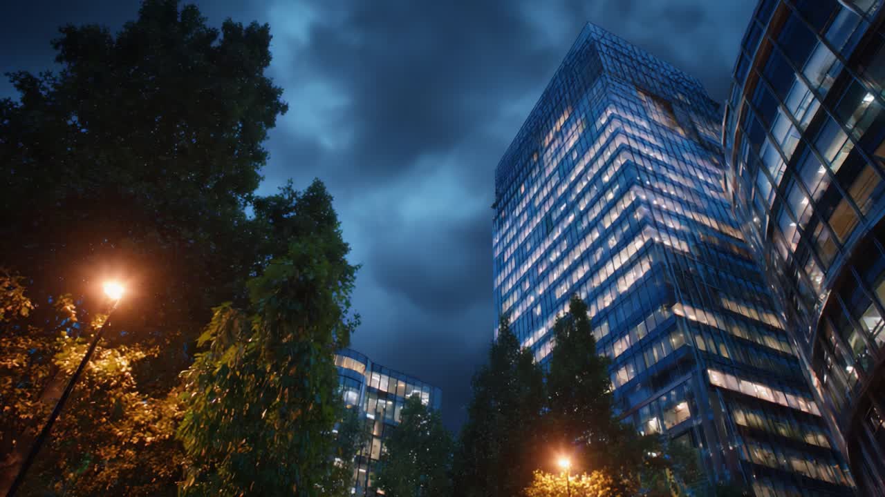 Paisagem noturna urbana com arranha-céus e céus nublados dramáticos iluminados por postes de rua, capturando a essência da arquitetura moderna e da vida na cidade ao anoitecer