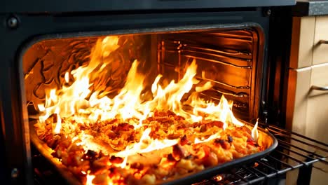 a pan of food is being cooked in an oven with flames