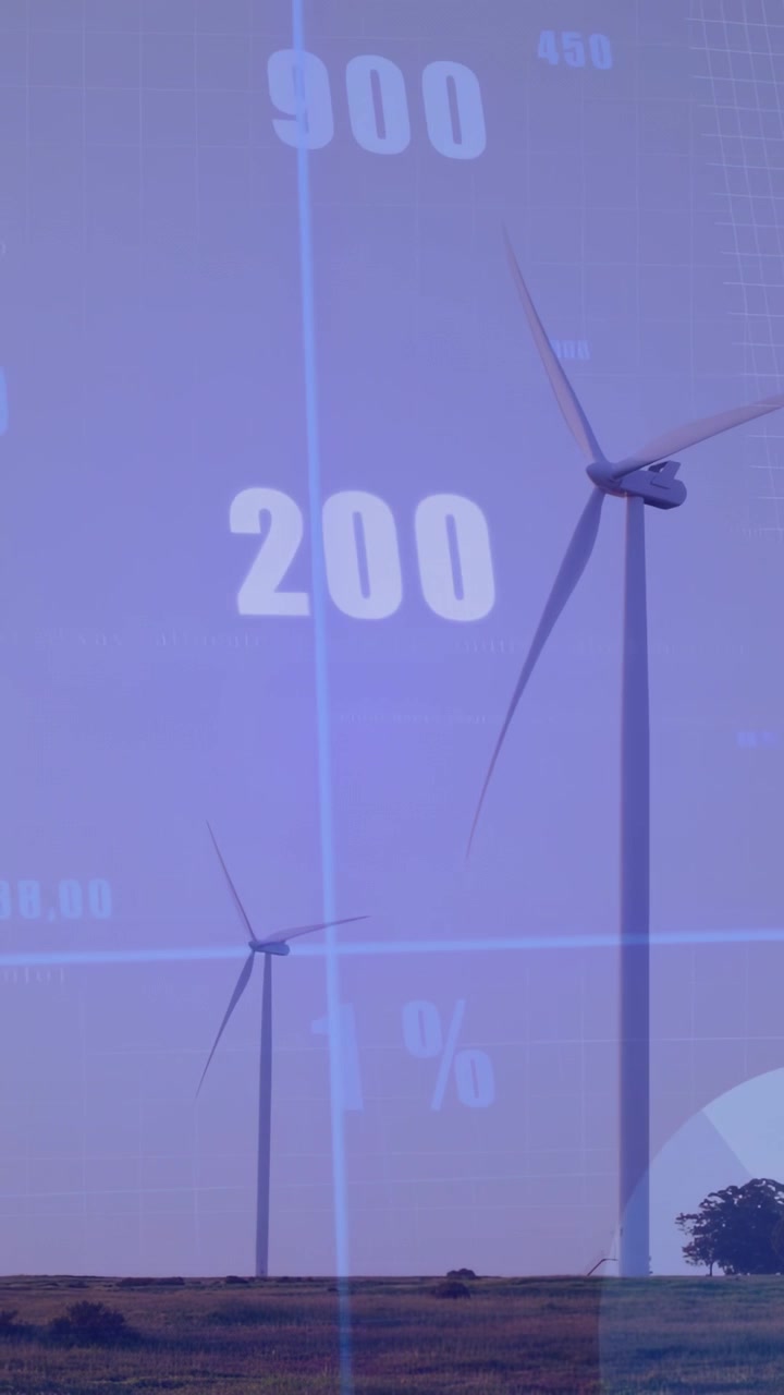 Video verticale: Un ping genera una sovrapposizione, pale di turbina che girano, numeri che formano barre mensili per la produzione.