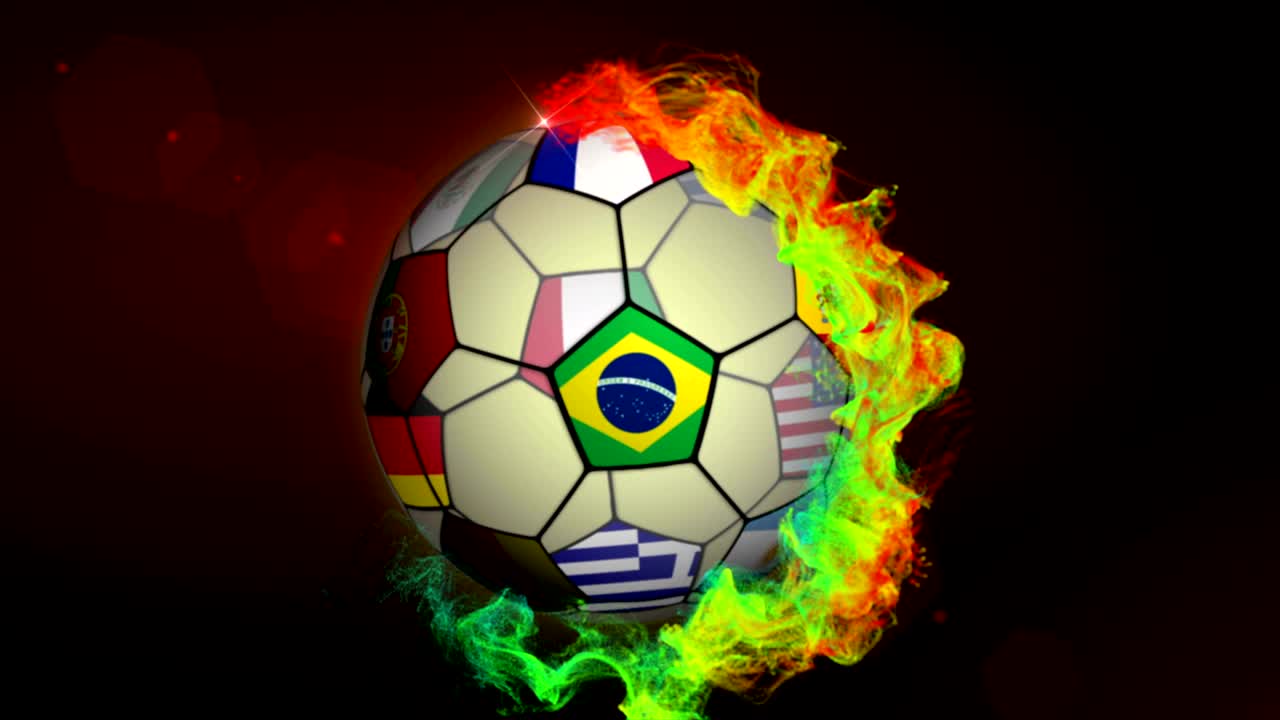 bandera del mundo pelota de fútbol en rojo partículas abstractas anillo, animación, fondo, bucle