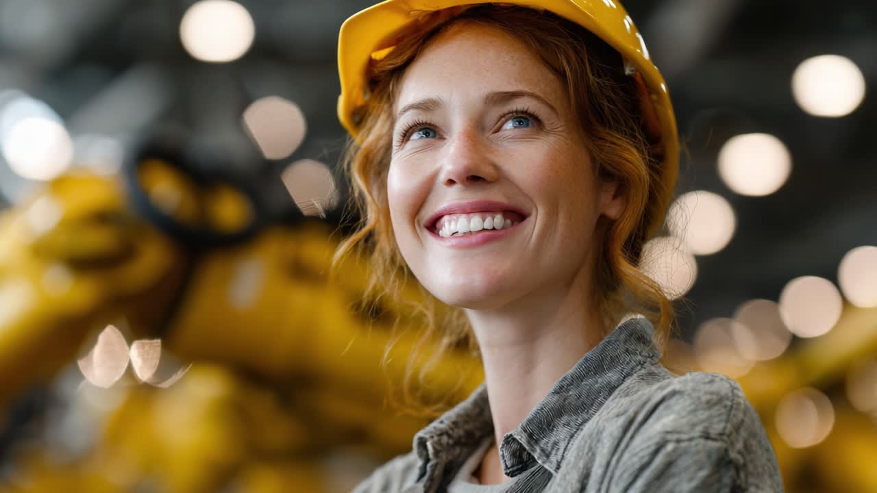 A Smiling Female Engineer in a Hard Hat, Showcasing Confidence and Professionalism Amidst Advanced Robotics in a Modern Industrial Environment