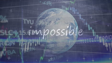 animación de un banner de texto imposible sobre el procesamiento de datos del mercado de valores y un globo terráqueo sobre fondo gris