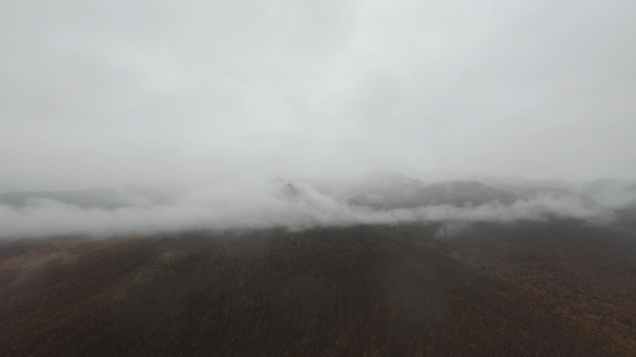 Experience a serene exploration as a drone glides through fog-covered mountains at dawn, revealing the breathtaking beauty of untouched nature in this tranquil landscape