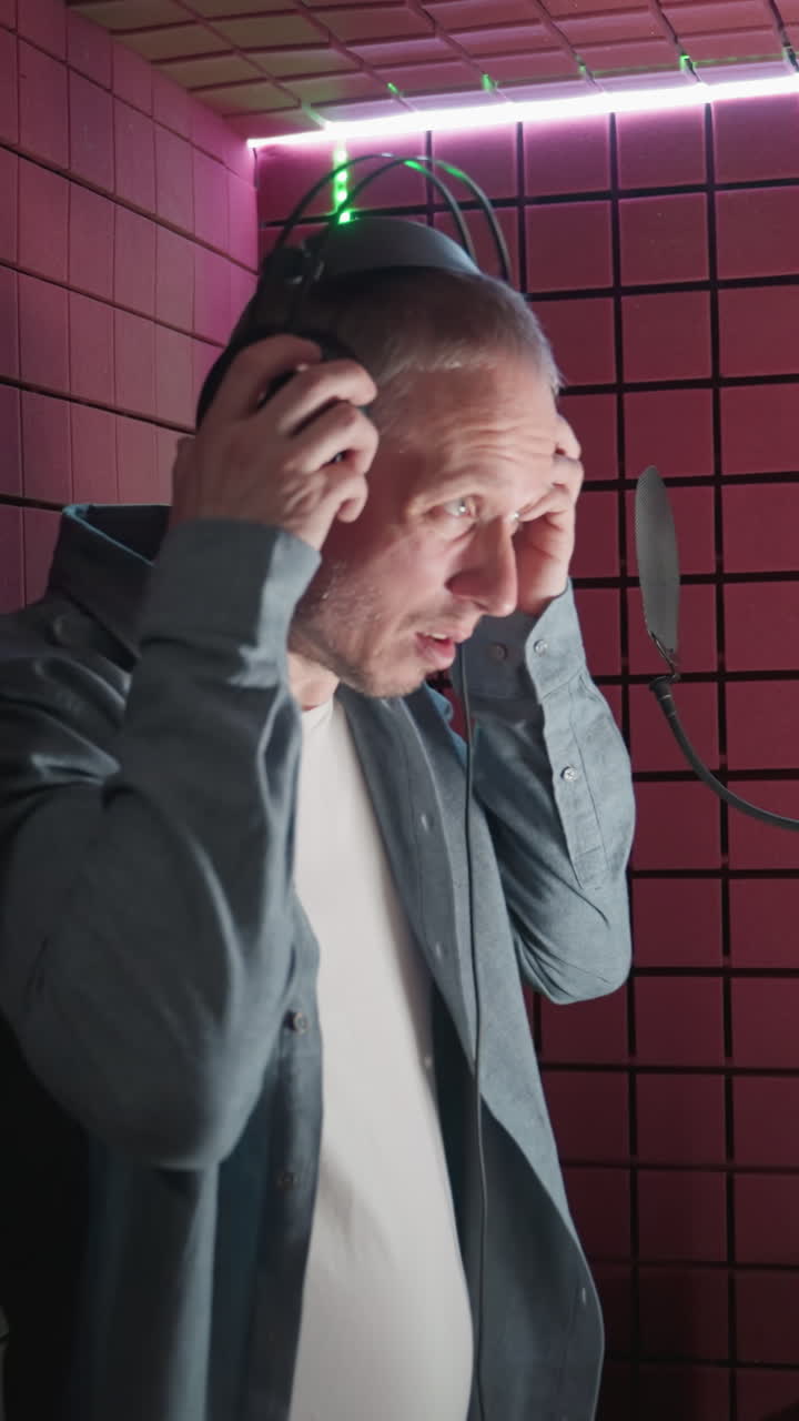 un hombre con una camisa azul y una camisa interior blanca entra en una habitación a prueba de sonido roja, se pone auriculares, y se prepara para grabar frente a un micrófono