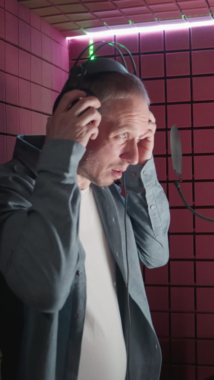 Man in a blue shirt and white inner shirt enters a red soundproof room, places headphones on, and prepares to record in front of a microphone