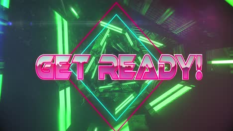 animation of get ready text banner over neon green glowing tunnel in seamless pattern