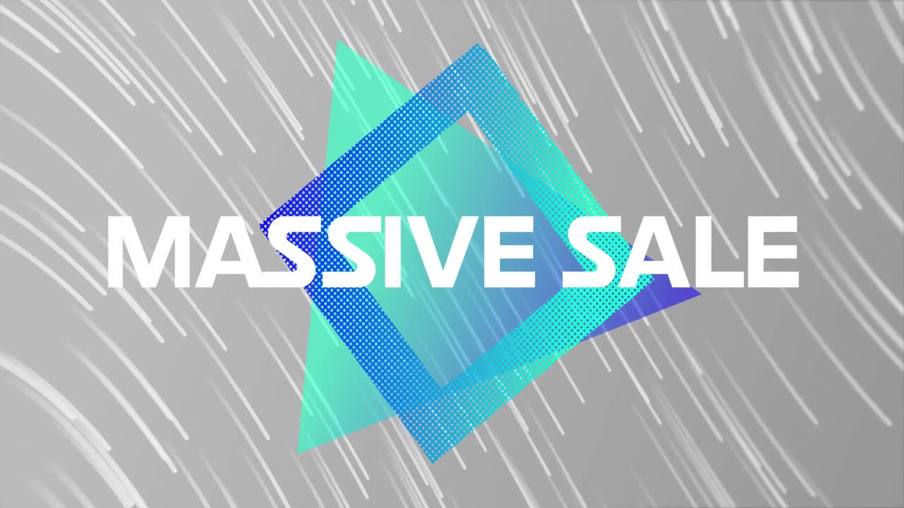 움직이는 선에 맞춰 사각형과 삼각형 모양의 대규모 판매 텍스트의 애니메이션