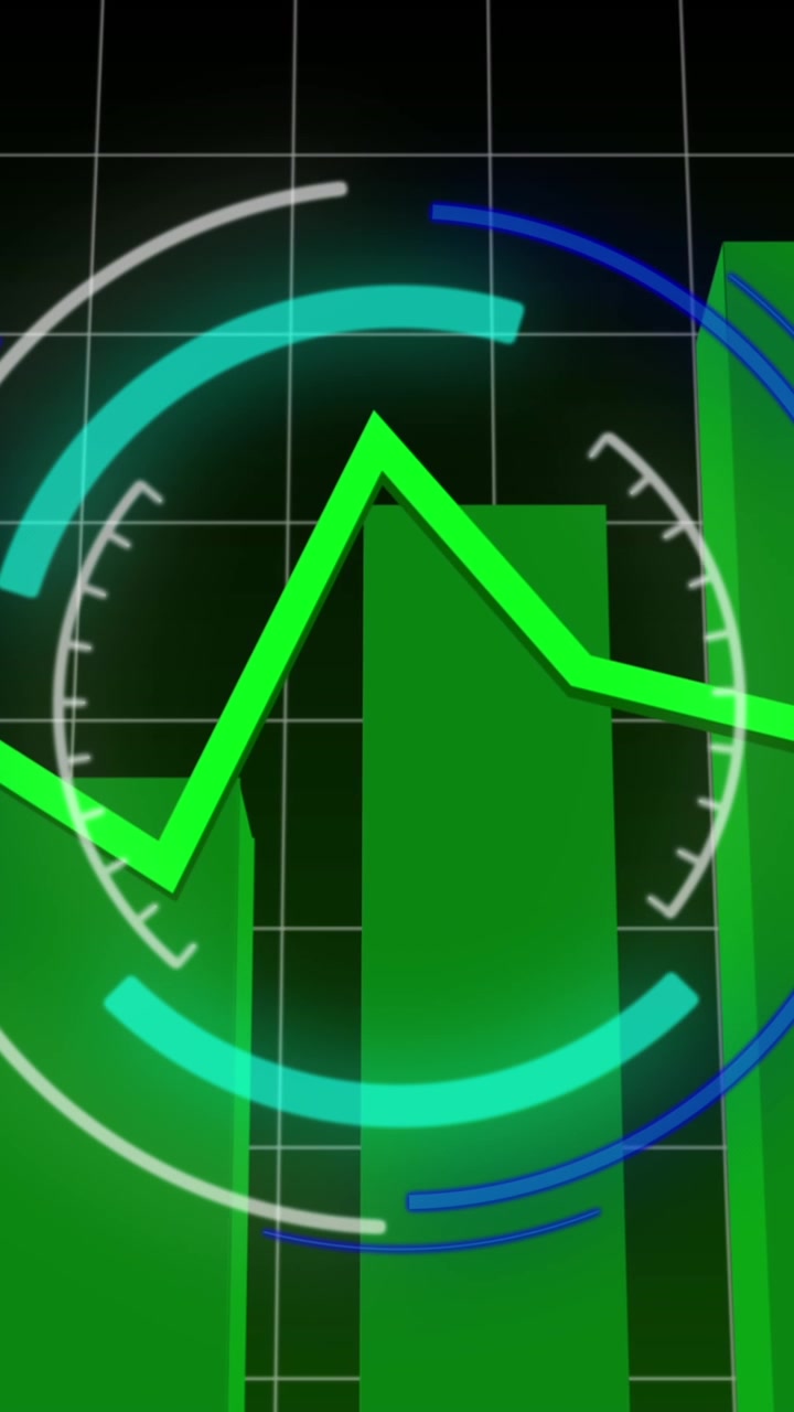 Animation of neon round scanner and statistical data processing against black background