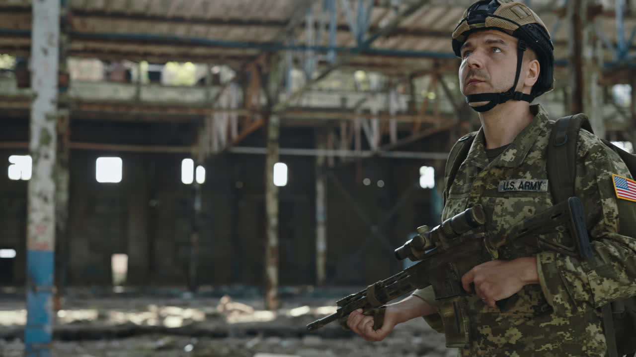 US Army Soldier on Patrol in a Destroyed Building