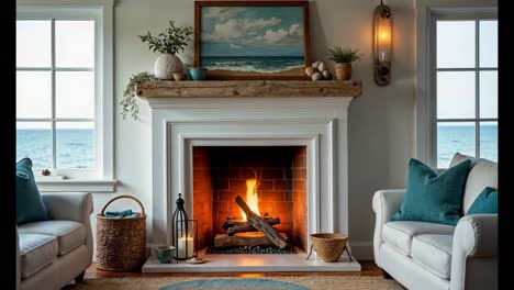 coastal living room with ocean view and fireplace