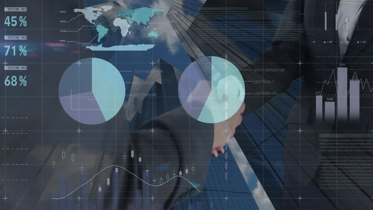 concepto de finanzas globales representado con datos digitales y apretón de manos contra el paisaje urbano.