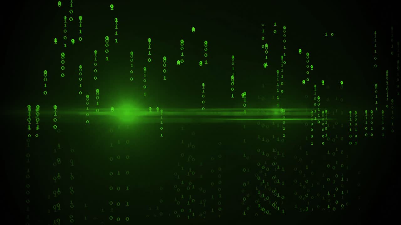 Animation of green binary coding data processing over black background