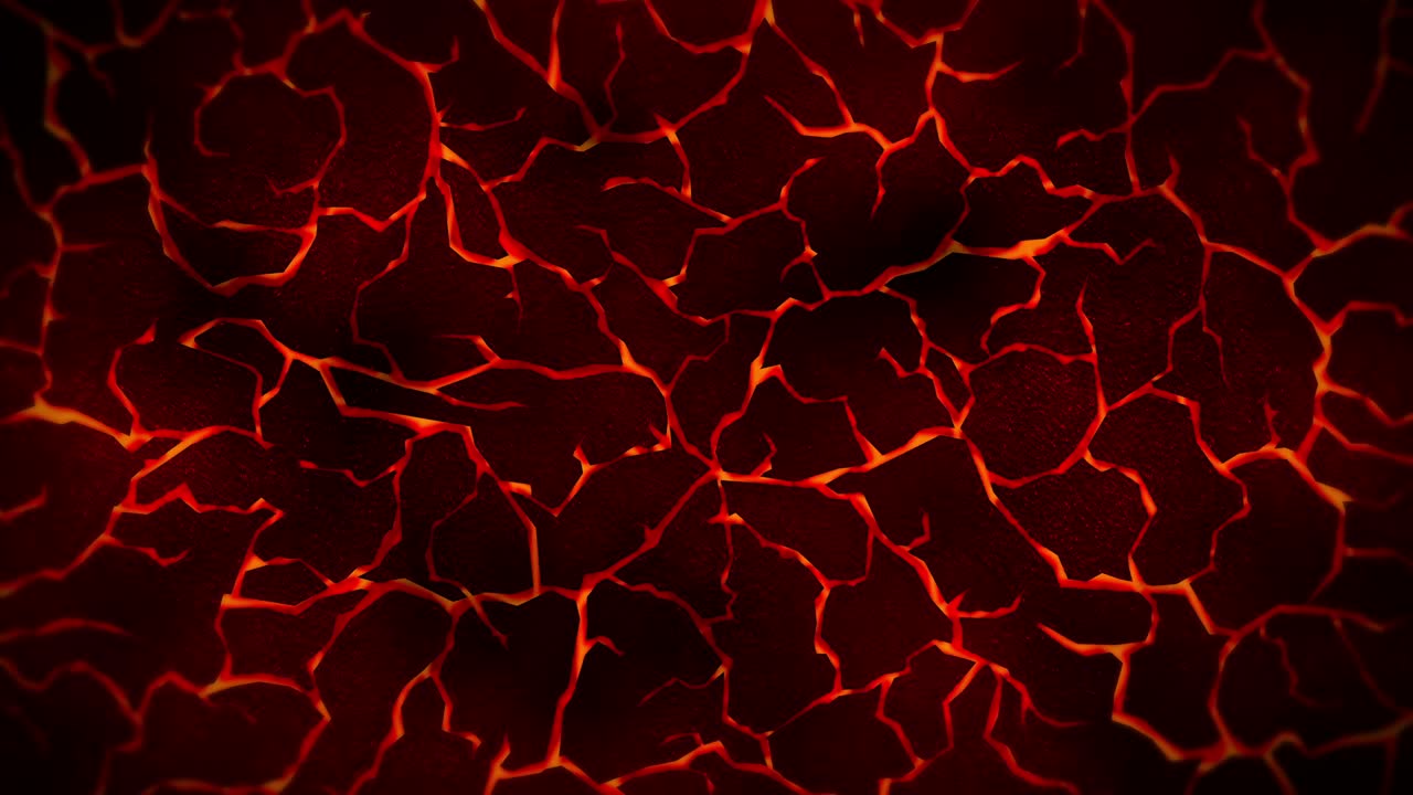 Sfondo scuro con terreno rosso crepato. Fumo, nebbia, polvere. Animazione in loop di lava fusa. Superficie terrestre. Pavimento rovente