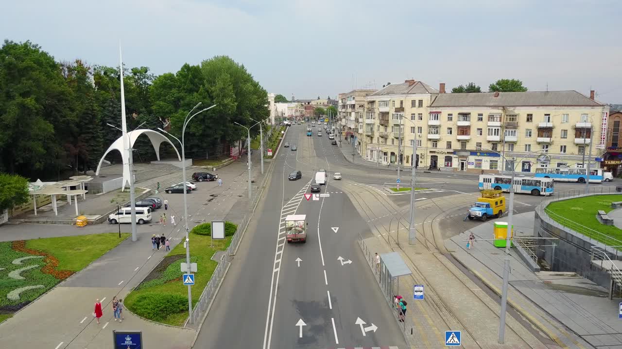 Traffic Jam And Urban Transport. VINNITSA, UKRAINE - JULY 2017: Crossroads in the city, cars drive through part of the road, aerial view