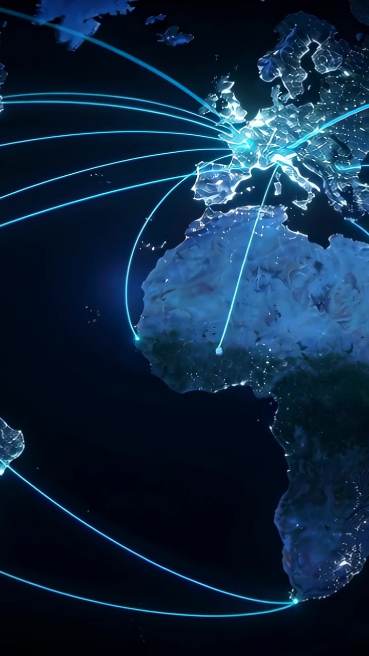 European hub emitting cyan-blue beams, connecting continents for technology network and data flow