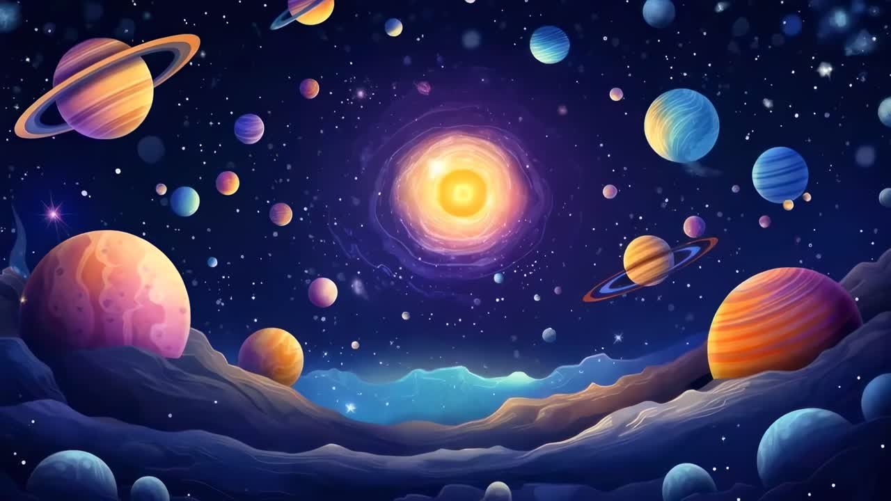 A cosmic landscape with colorful planets and a glowing sun, viewed from a low angle