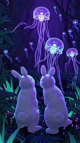 two rabbits gaze at glowing jellyfish in a mystical forest