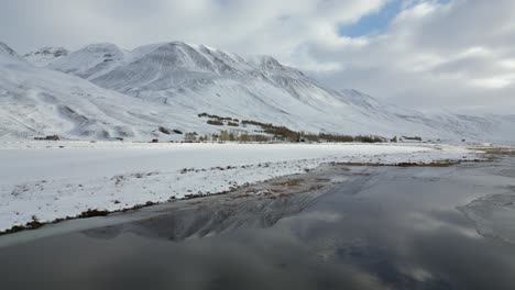 Snowy-mountain-landscape-next-to-a-lake-in-the-north-of-Iceland,-aerial