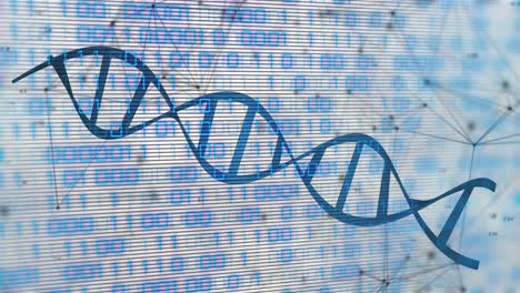 animation of dna strand with binary coding data processing over network of connections