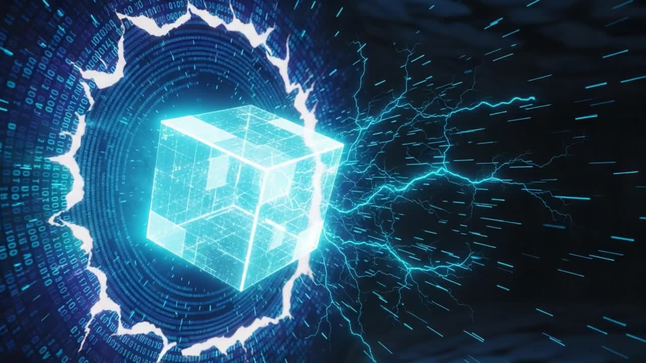 A Dynamic Visual Representation of Energy and Data Flow Through a Glowing Cube Within a High-Tech Environment Showcasing Digital Sparks and Binary Codes
